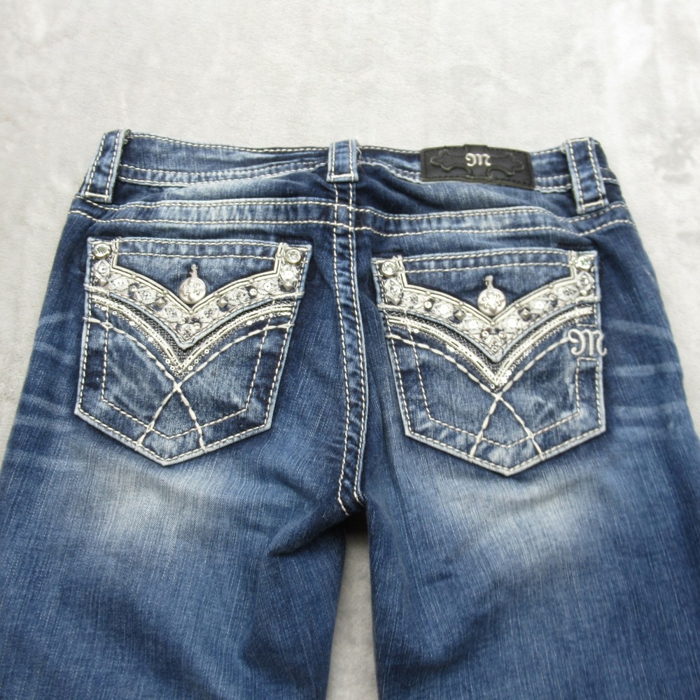 Miss Me Jeans Womens 26 Dark Wash Embellished Hemmed Whisker Chloe Bootcut 28x30 - Picture 6 of 16